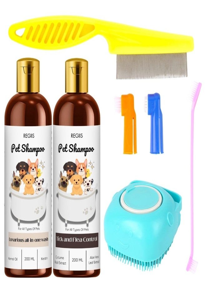 مجموعة شامبو ريجيس للحيوانات الأليفة مع مجموعة العناية، 200 مل، مكافحة القراد والبراغيث، غسول شامل، تتضمن فرش وأمشاط (عبوة من 5 قطع) - Image 1